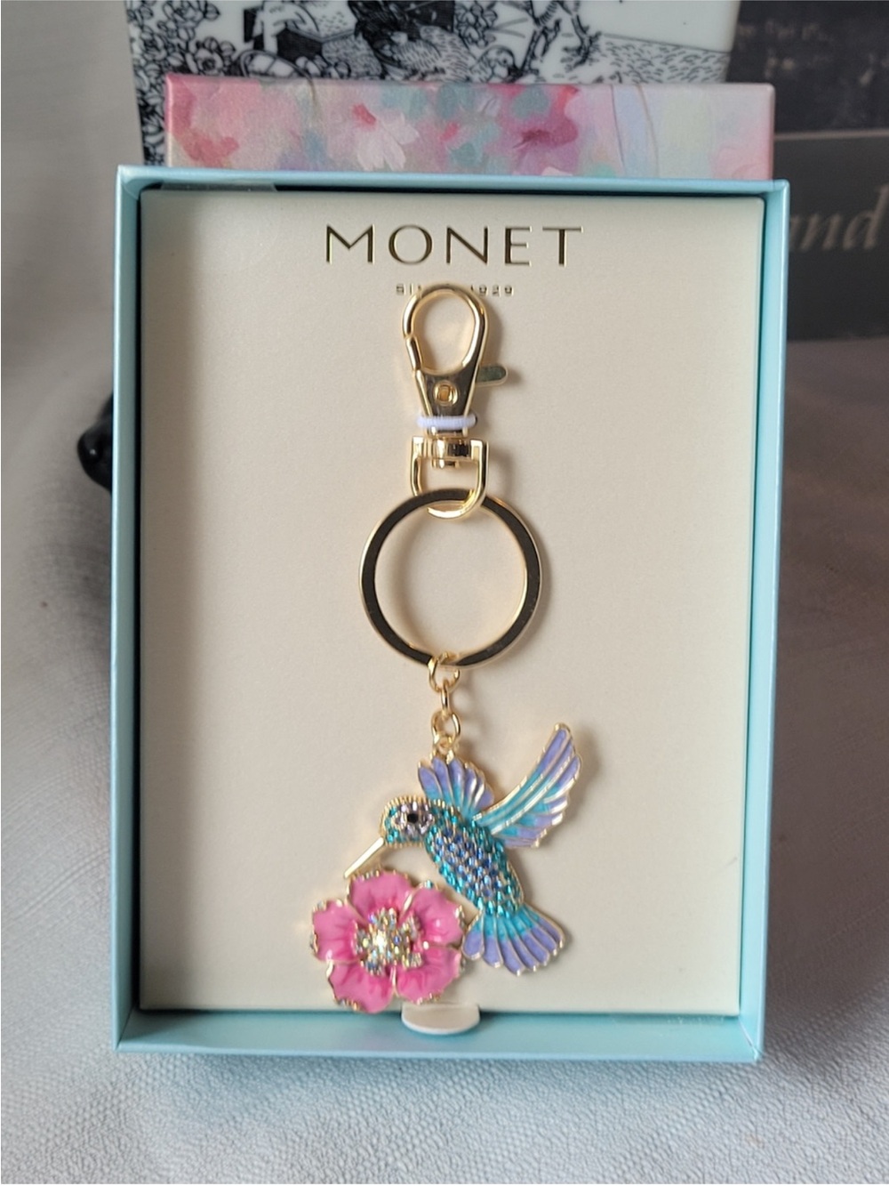 Monet Gold Keyring with Turquoise, Purple & Pink Hummingbird NIB